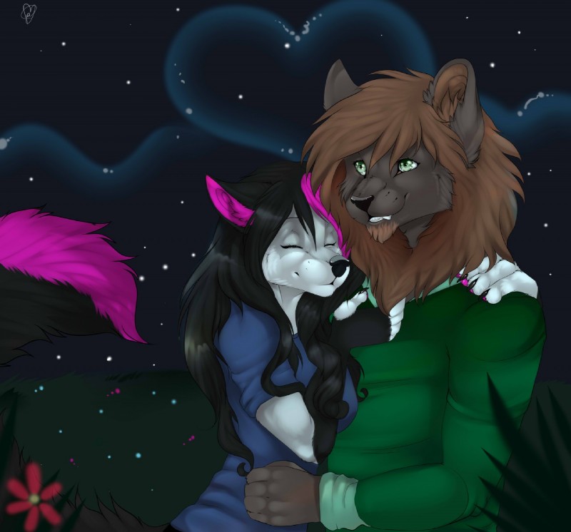 anthro beard clothed clothing duo eyes_closed facial_hair female fur hair hug male male/female smile standing manika_nika jes_(kojotek) canid canine mammal digital_media_(artwork) shaded