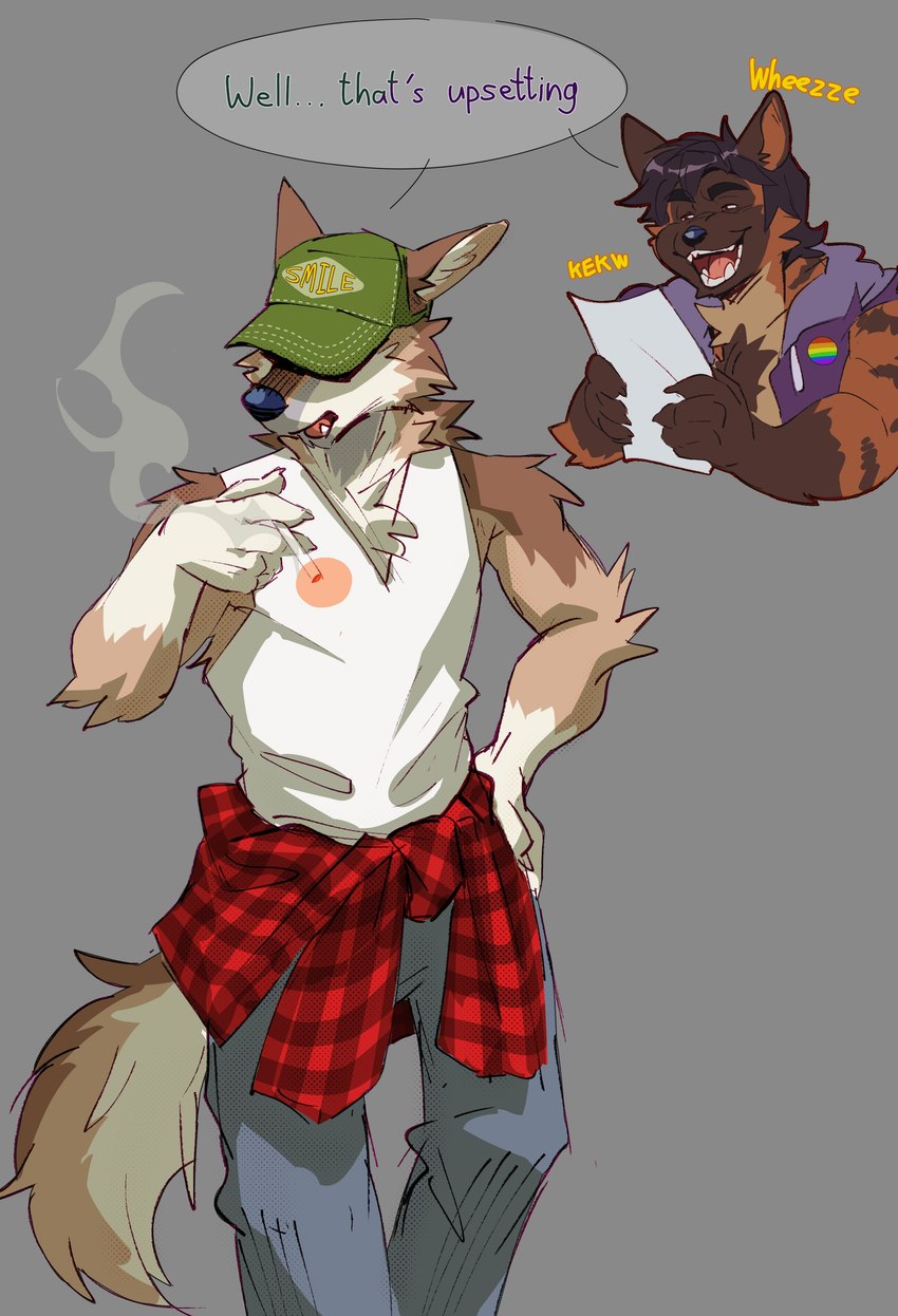 anthro baseball_cap bottomwear cigarette clothing clothing_writing denim denim_bottomwear denim_clothing duo hat headgear headwear hidden_eyes jeans laugh male pants scene_interpretation scene_parody shirt smoking smoking_cigarette stripes tank_top topwear trucker_hat voice_actor_joke crimsonrabbit cape_escape gnollplaying_games jet_adler_(cape_escape) marrow_(sebastiansb) brown_hyena canid canine canis coyote hyena mammal absurd_res hi_res