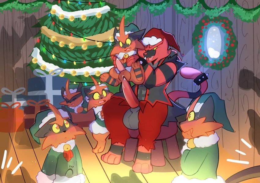 balls black_body black_fur blush clothed clothing costume elf_costume erection fur genitals holidays imminent_sex partially_clothed penis red_body red_fur santa_costume size_difference ashfordkingston christmas nintendo pokemon felid feline generation_7_pokemon incineroar mammal pokemon_(species) torracat hi_res