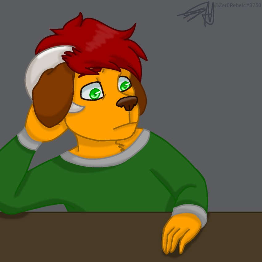 anthro bovid_horn brown_body brown_fur caprine_horn clothed clothing concern elbow_on_table eyebrows floppy_ears frown fur furniture green_eyes hair hand_behind_head hand_on_table horn long_sleeves looking_away male orange_body orange_fur ram_horn red_hair simple_background solo table young young_anthro zer0rebel4 vine_(website) zach_(zer0rebel4) alien aviarian_wolf canid mammal marsupial unknown_species 1:1 absurd_res digital_media_(artwork) hi_res meme maleherm_(lore)