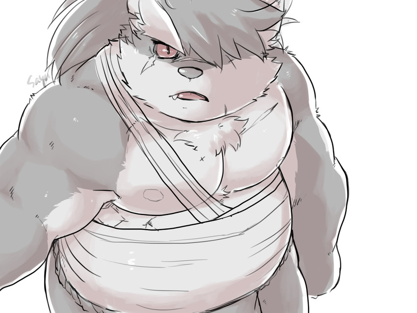 anthro bandage belly biceps hair male musclegut muscular nipples pecs ponytail scar solo cddi_h lifewonders tokyo_afterschool_summoners shino_(tas) canid canine canis domestic_dog mammal 4:3