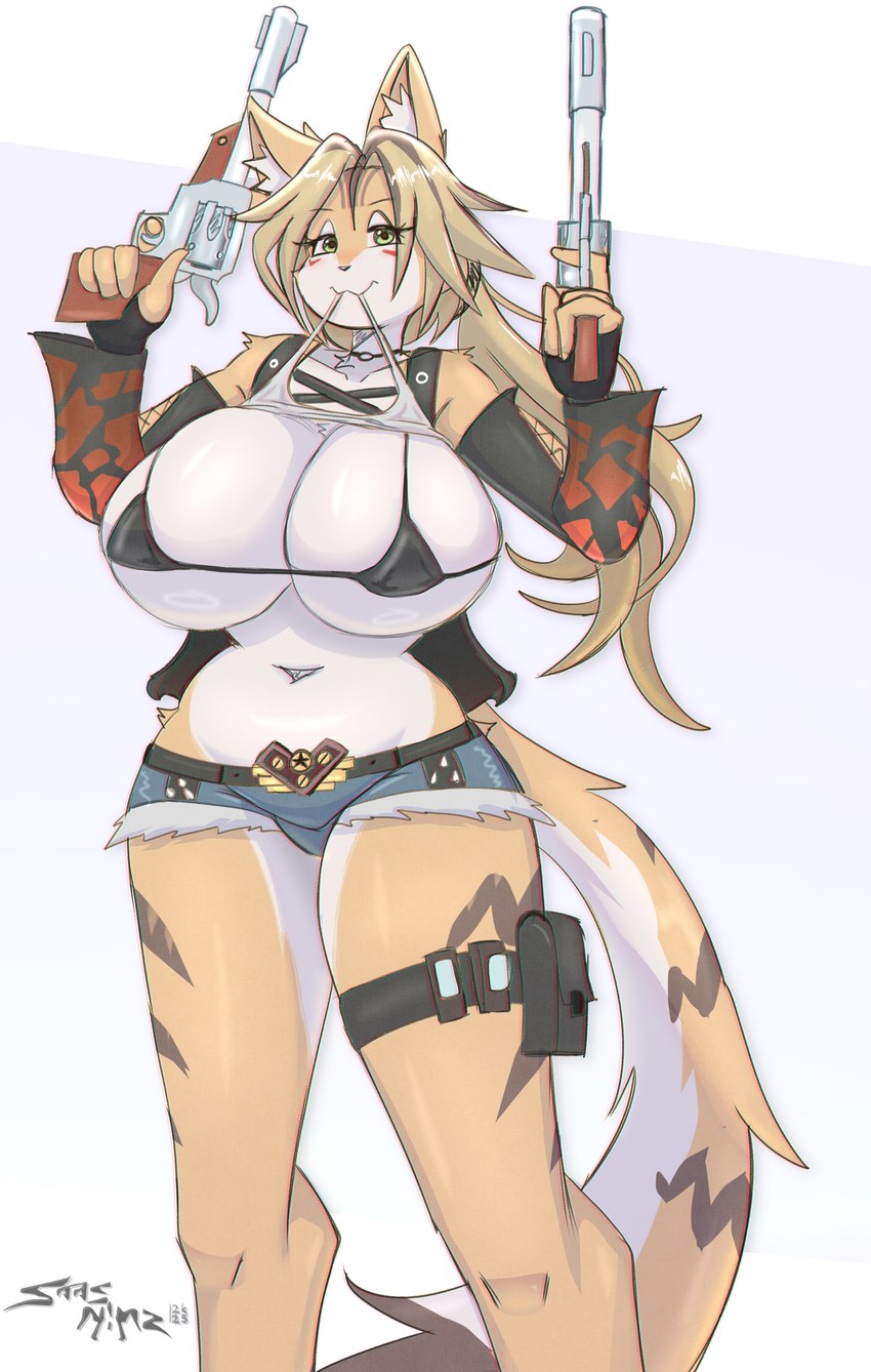 anthro big_breasts blonde_hair blush bra breasts clothed clothing clothing_lift female green_eyes gun hair handgun holding_gun holding_handgun holding_object holding_ranged_weapon holding_revolver holding_weapon huge_breasts inner_ear_fluff ranged_weapon revolver shirt shirt_lift skimpy solo tail thick_thighs topwear tuft under_boob underwear weapon wide_hips saasmimz mihoyo zenless_zone_zero pulchra_fellini domestic_cat felid feline felis mammal absurd_res hi_res