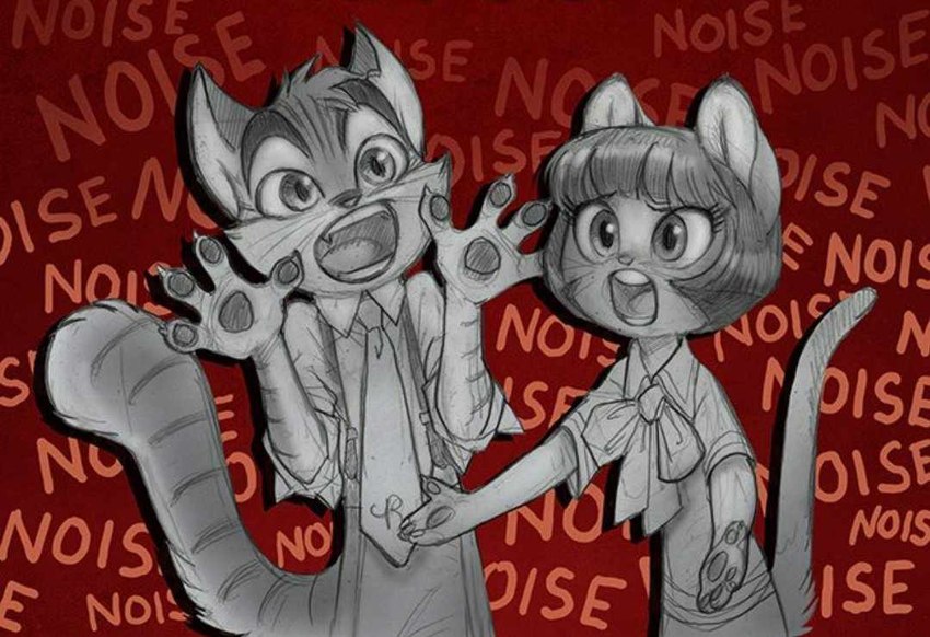 anthro claws clothed clothed_anthro clothing cravat dialogue female finger_claws male male/female necktie open_mouth pawpads red_background shirt simple_background suspenders tail topwear whiskers tracy_j._butler lackadaisy ivy_pepper rocky_rickaby domestic_cat felid feline felis mammal