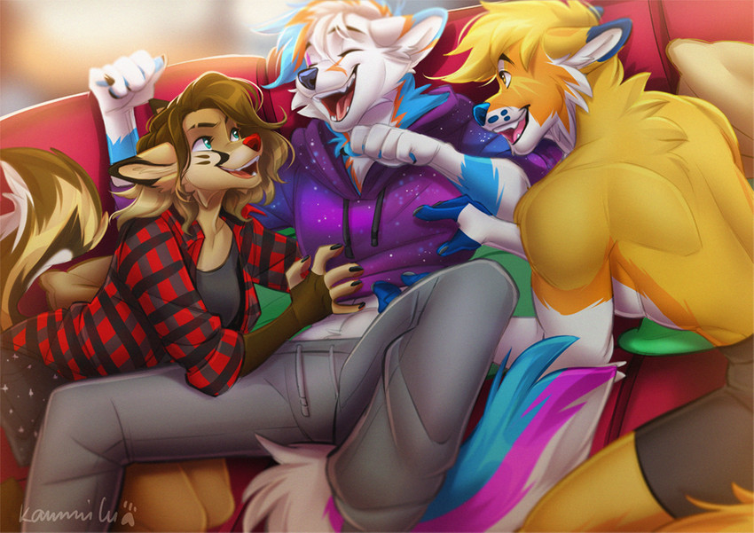 anthro breasts clothed clothing female group male smile trio kammi-lu miku_(mikuthefox2) ryndion zempy alaskan_malamute canid canine canis domestic_dog fox german_shepherd herding_dog hybrid mammal nordic_sled_dog pastoral_dog spitz wolf 2021 digital_media_(artwork)