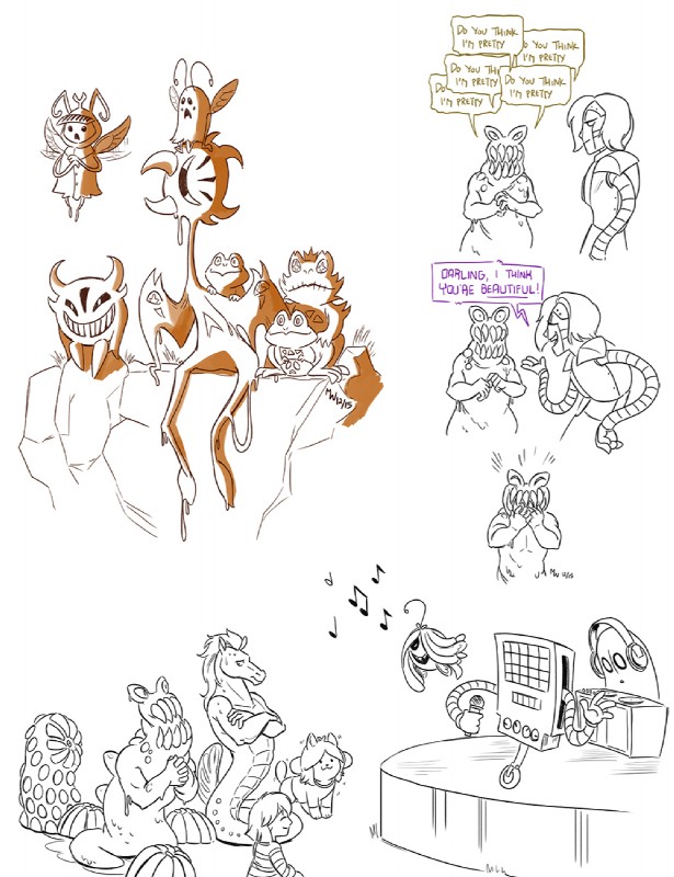 ambiguous_gender anthro female group machine male simple_background singing text the_feels white_background lynxgriffin undertale undertale_(series) aaron_(undertale) astigmatism final_froggit frisk_(undertale) lemon_bread mettaton mettaton_ex moldbygg moldsmal napstablook reaper_bird shyren temmie_(undertale) whimsalot whimsun amalgamate froggit human mammal monster robot tem 2015 english_text hi_res monochrome sketch