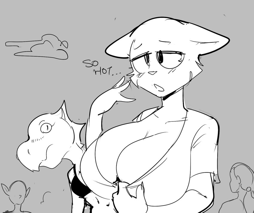 anthro big_breasts bra breasts cleavage clothed clothing crop_top duo female huge_breasts shirt simple_background topwear underwear dbaru bethesda_game_studios microsoft oblivion prequel_adventure the_elder_scrolls katia_managan quill-weave argonian felid khajiit mammal scalie 2021 hi_res monochrome