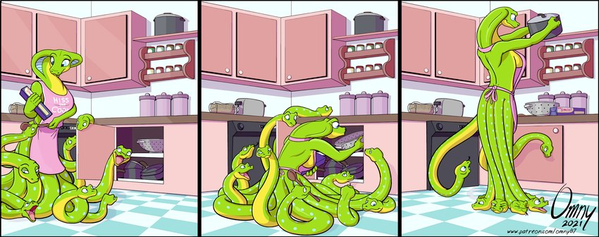 ancillary_head anguiped apode apron apron_only breasts clothing cooking_pot female kitchen legless mostly_nude non-mammal_breasts serpentine side_boob tentacle_limbs omny87 sylene_(blissey1) cobra draconcopode naga reptile scalie snake comic hi_res