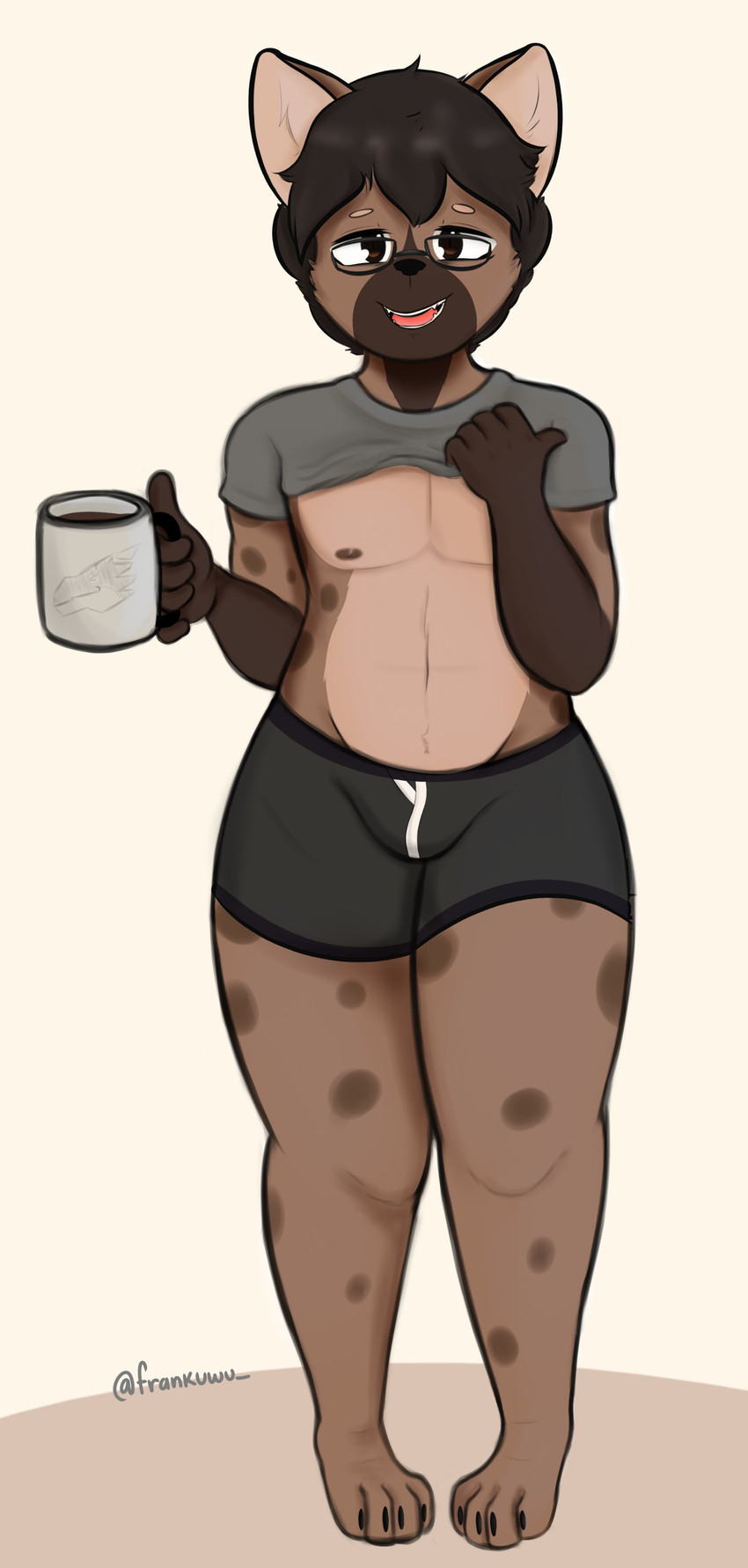 4_toes 5_fingers anthro beverage biped black_clothing black_underwear boxer_briefs brown_body brown_fur bulge clothed clothing coffee eyewear feet femboy fingers front_view fur glasses hair male nipples paws simple_background smile solo standing toes underwear frankuwu bad_dragon hyena mammal spotted_hyena 2019 absurd_res hi_res