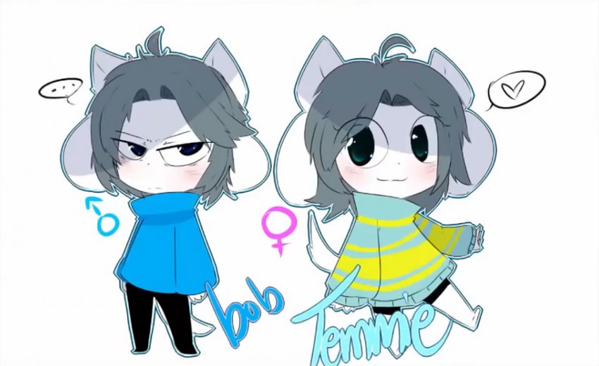 anthro clothed clothing duo female fur hair male simple_background text topwear white_body white_fur undertale undertale_(series) bob_(undertale) temmie_(undertale) canid canine felid feline mammal tem