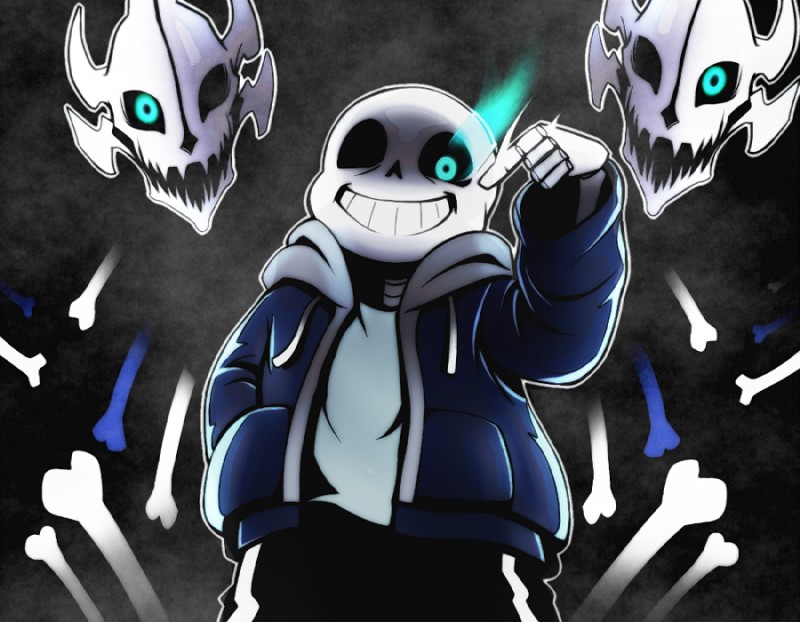 bone glowing glowing_eyes magic_eye male not_furry skeleton smile solo nyusu_ut undertale undertale_(series) gaster_blaster sans_(undertale) animated_skeleton undead