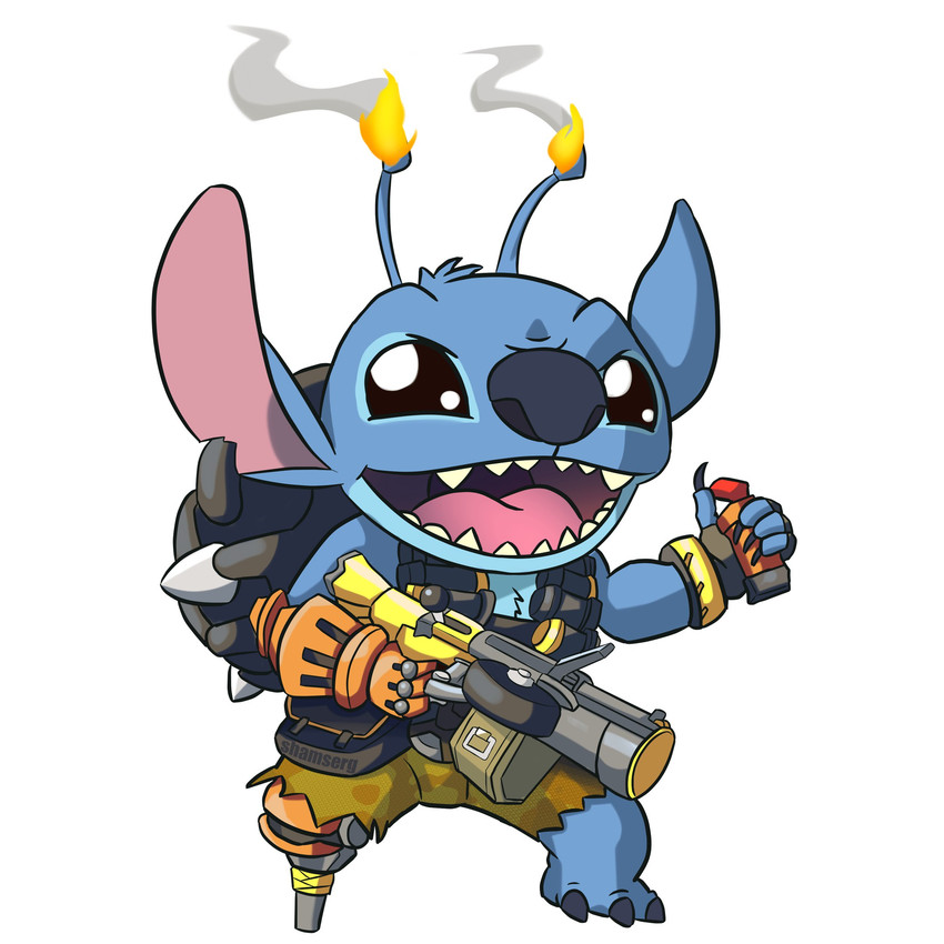 4_fingers antennae_(anatomy) blue_body blue_claws blue_fur blue_nose burning chest_tuft claws clothed clothing fingers fire fur head_tuft holding_object holding_weapon looking_at_viewer male notched_ear open_mouth open_smile parody pegleg ranged_weapon simple_background smile solo tuft weapon white_background shamserg blizzard_entertainment disney lilo_and_stitch overwatch junkrat_(overwatch) stitch_(lilo_and_stitch) alien experiment_(lilo_and_stitch) 1:1 2016 crossover digital_drawing_(artwork) digital_media_(artwork) hi_res