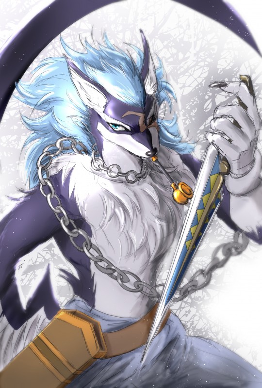 abstract_background anthro anthrofied athletic athletic_anthro athletic_male black_nose blue_eyes blue_hair bottomwear chain chain_collar chain_leash chest_tuft claws clothed clothing collar dagger facial_scar fur hair holding_object holding_weapon kiseru leash long_tail male melee_weapon multicolored_body multicolored_fur neck_tuft one_eye_closed pants purple_body purple_fur scabbard scar slim smoking_pipe solo standing tail topless tuft two_tone_body two_tone_fur weapon white_body white_fur nukisan_wolf bandai_namco tales_of_(series) tales_of_vesperia repede canid canine canis domestic_dog mammal absurd_res hi_res portrait three-quarter_portrait