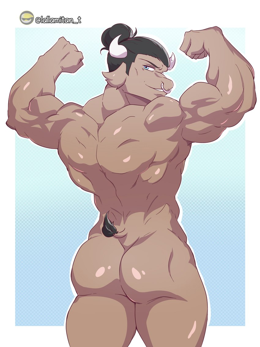 anthro back_muscles biceps blue_eyes butt facial_piercing flexing flexing_bicep flexing_both_biceps male muscular muscular_male nose_piercing nose_ring nude piercing ring_piercing simple_background smile solo tail triceps lallamitan_t bofit_(lallamitan_t) hybrid mammal 3:4 absurd_res digital_media_(artwork) hi_res