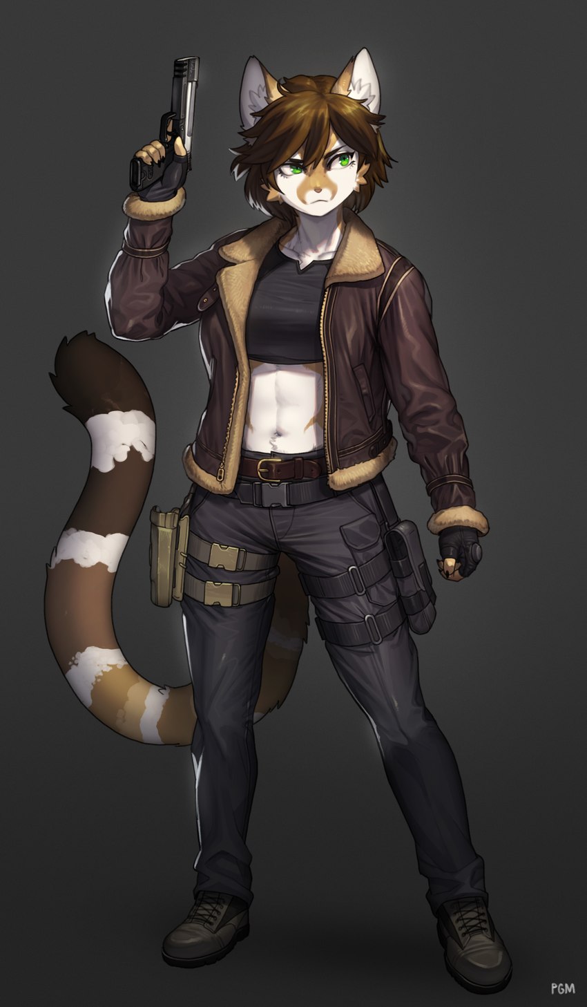 anthro belt bomber_jacket breasts clothed clothing cosplay crop_top female fingerless_gloves footwear fully_clothed fur gloves gradient_background grey_background gun hair handgun handwear holding_gun holding_handgun holding_object holding_pistol holding_ranged_weapon holding_weapon jacket midriff navel open_clothing open_jacket open_topwear pistol ranged_weapon shirt shoes simple_background solo standing tactical_gear topwear trigger_discipline usp usp_tactical weapon pgm300 capcom heckler_and_koch resident_evil helia_peppercats leon_kennedy domestic_cat felid feline felis mammal 2023 absurd_res digital_media_(artwork) full-length_portrait hi_res portrait