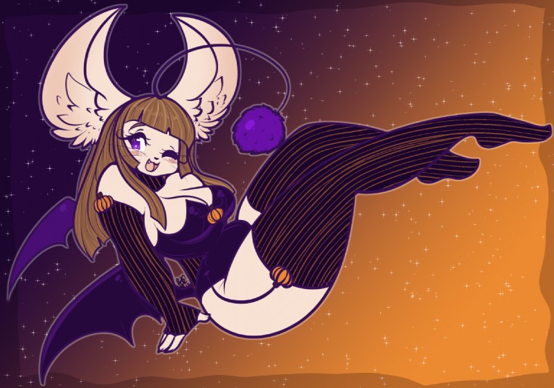 anthro bat_wings big_breasts blush breasts clothing fangs female fingerless_gloves garter_belt garter_straps gloves handwear holidays legwear membrane_(anatomy) membranous_wings night one_eye_closed solo stockings teeth wings wink tehbuttercookie halloween kyofoxe94 imp mammal