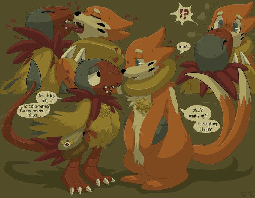 3_toes blush blush_lines bodily_fluids claws drooling duo eyes_closed feet french_kissing kissing licking licking_tongue long_tail male male/male open_mouth romantic romantic_couple saliva saliva_string sharp_teeth simple_background sloppy_kiss surpised sweat sweatdrop tail teeth text toes tongue tongue_out qrnrr nintendo pokemon pokemon_mystery_dungeon spike_chunsoft aerial_explorer_archen marine_explorer_buizel archen buizel fossil_pokemon generation_4_pokemon generation_5_pokemon pokemon_(species) english_text hi_res sketch_page