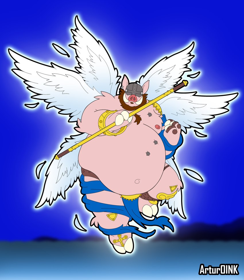 anthro armor belly big_belly headgear helmet male moobs nipples obese obese_male overweight overweight_male solo weapon wings artur_oink bandai_namco digimon angemon digimon_(species) domestic_pig mammal suid suine sus_(pig) 2022 absurd_res hi_res