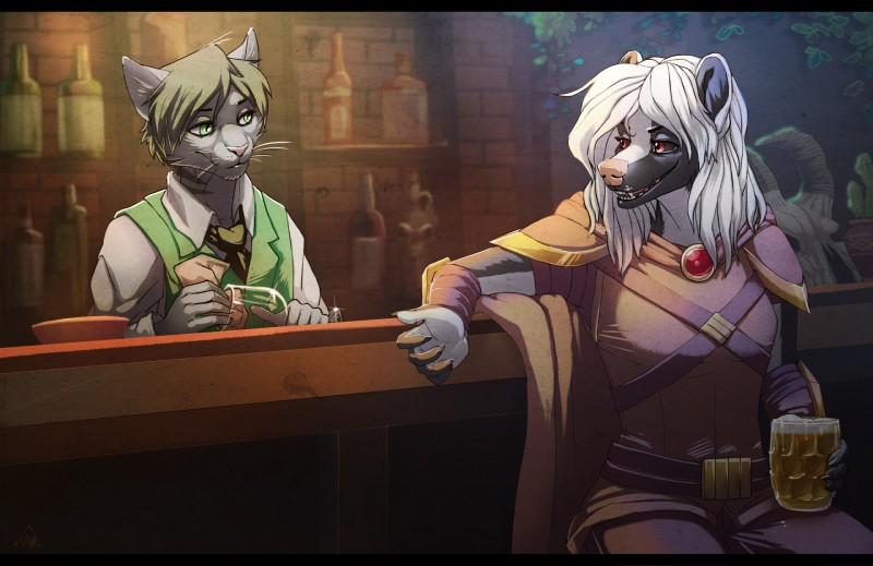 alcohol anthro assassin bar beer beverage black_sclera clothed clothing detailed_background duo female fur green_eyes hair red_eyes smile white_hair vivienwhite_(artist) eve_hawthorne woodside domestic_cat felid feline felis mammal mephitid skunk vampire 2018 digital_media_(artwork) hi_res