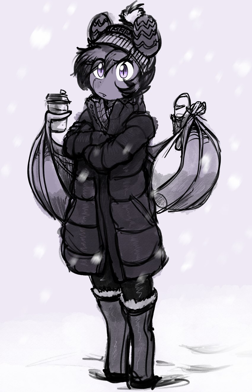 anthro bat_wings beanie boots clothing coat coffee_cup container crossed_arms cup fangs female footwear hat headgear headwear holding_object membrane_(anatomy) membranous_wings pupils shoes slit_pupils snow solo teeth topwear wings replica_(artist) friendship_is_magic hasbro my_little_pony fan_character nolegs_(oc) bat_pony equid mammal 2023 absurd_res hi_res monochrome