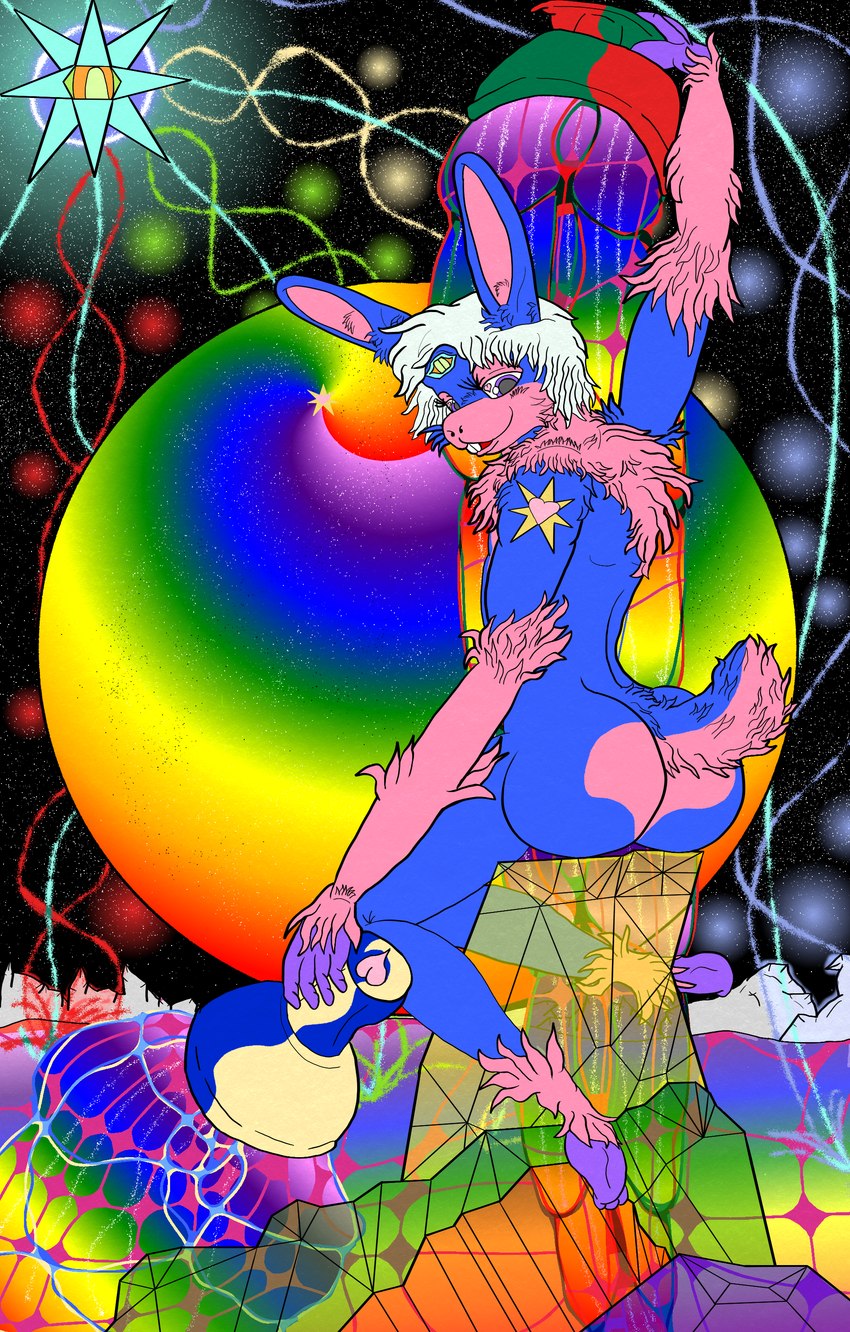 abstract_background anthro arm_tattoo big_butt butt card container cosmic_background cup ears_up fluffy fluffy_tail fur goblet hair head_tattoo heart_symbol holding_object liquid looking_at_viewer looking_back major_arcana male markings neck_tuft nude open_mouth psychedelic psychedelic_background rainbow scut_tail short_tail smile solo space spiral_background star swirls tail tarot tarot_card tattoo teeth the_star_(tarot) third_eye_(marking) thoth_tarot tuft nikolinni teinshou_(nikolinni) lagomorph leporid mammal rabbit absurd_res colorful_theme digital_media_(artwork) hi_res