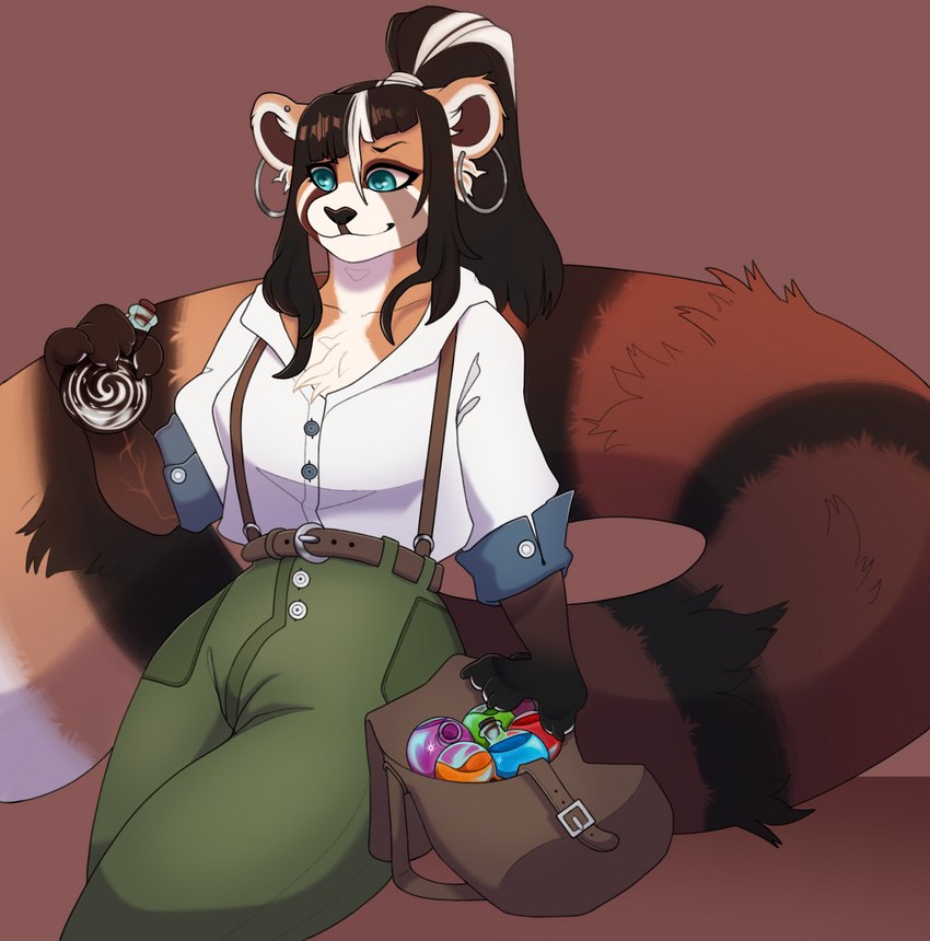 anthro bag belt blue_eyes chest_tuft clothing ear_piercing ear_ring female hair holding_object piercing ponytail potion_bottle ring_piercing scar shirt solo suspenders tail topwear tuft plasticrain zettra_thorn ailurid mammal red_panda hi_res sequence