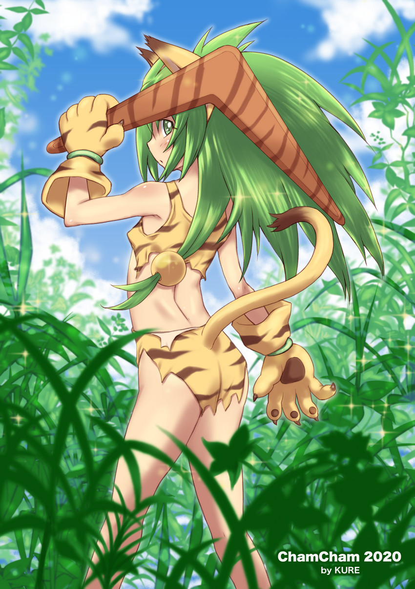 boomerang clothed clothing cloud female gloves grass green_eyes green_hair hair handwear plant sky solo standing kure samurai_shodown cham_cham animal_humanoid cat_humanoid felid felid_humanoid feline feline_humanoid humanoid mammal mammal_humanoid 2020 absurd_res hi_res