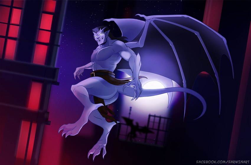 bottomwear building butt city claws clothing feet flying glowing glowing_eyes hair humanoid_pointy_ears light loincloth long_hair male membrane_(anatomy) membranous_wings moon moonlight pecs pointy_ears silhouette solo tail talons text toes wings farwin disney gargoyles goliath_(gargoyles) gargoyle url