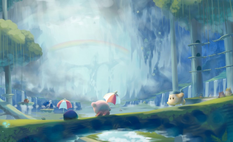 ambiguous_gender clothing detailed_background group kerchief maxim_tomato parasol plant rainbow tree umbrella water waterfall suyasuyabi427 kirby_(series) nintendo bandana_waddle_dee con_(kirby) gooey_(kirby) kirby parasol_kirby pon_(kirby) alien waddling_head 2019 hi_res