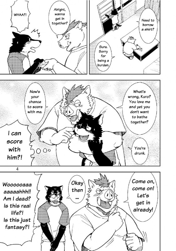 anthro clothed clothing dialogue hand_holding male male/male reversible simple_background text kumagaya_shin inose_(kumagaya_shin) kuro_(kumagaya_shin) canid canine canis mammal suid suina sus_(pig) wild_boar wolf comic digital_media_(artwork) english_text hi_res lol_comments monochrome