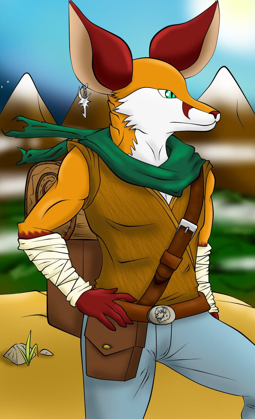 anthro bag belt ear_piercing emblem male mercenary mountain piercing scarf sleeping_bag solo budakurosawa luc_lookheart canid canine fennec_fox fox hybrid mammal true_fox hi_res