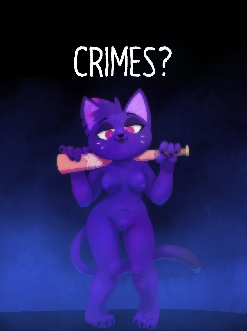 anthro baseball_bat bat_(object) breasts female genitals pussy question_mark solo tail text yoke_pose pusszone night_in_the_woods mae_borowski domestic_cat felid feline felis mammal absurd_res hi_res