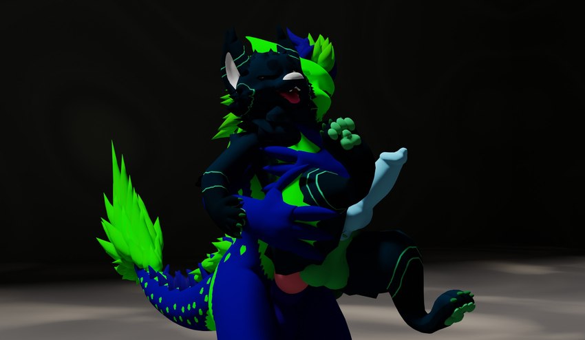 anthro big_penis blue_body blue_fur blue_penis carrying_another carrying_partner duo erection fur genitals green_body green_fur knot looking_pleasured male male/male open_mouth penetration penis size_difference tail tongue tongue_out pure_soul_72 blender_cycles taidum wickerbeast 3d_(artwork) blender_(artwork) digital_media_(artwork) hi_res