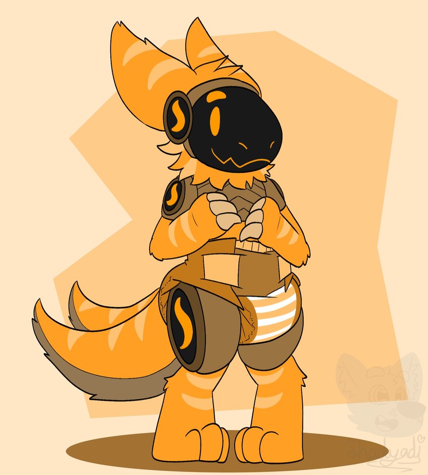 2_tails 3_toes anthro biped clean_diaper clothed clothing diaper diaper_only feet fur hand_on_chest machine male multi_tail orange_body orange_diaper orange_fur pattern_diaper protogen_visor simple_background smile solo standing striped_diaper tail toes topless wearing_diaper shadyadi protogen 2021 hi_res