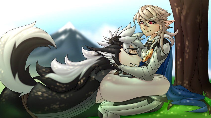 armor arms_around_partner arms_around_waist black_hair cape clothed clothing cuddling duo femboy hair headpat long_hair lying male male/male muscular muscular_male on_front on_ground petting size_difference tail white_hair ahegarou fire_emblem fire_emblem_fates mythology nintendo corrin_(fire_emblem) corrin_(fire_emblem)_(male) keaton_(fire_emblem) animal_humanoid canid canid_humanoid canine canine_humanoid human humanoid mammal mammal_humanoid mythological_canine mythological_creature werecanid werecanine werecreature werewolf wolf_humanoid wolfskin absurd_res hi_res