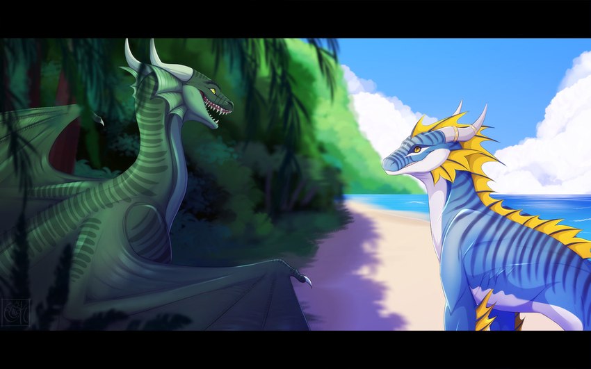 beach day detailed_background duo feral open_mouth outside sand seaside shoreline sky smile teeth water silvyr european_mythology mythology hondra dragon mythological_creature mythological_scalie scalie western_dragon wingless_dragon wyvern 16:10 2021 digital_media_(artwork) widescreen