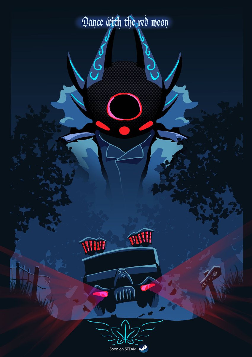 anthro car clothing forest hearse male mask neon night plant poster poster_template red_neon solo steam text topwear tree vehicle vest video_game_logo realta22 fallen_lands moonhaze_(fallen_lands) amphibian axolotl humanoid hybrid marine mole_salamander salamander absurd_res english_text hi_res restricted_palette