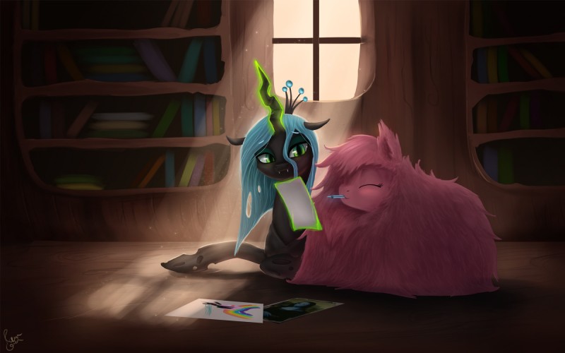 fan character, fluffle puff, and queen chrysalis (mona lisa (painting) and etc) created by photonoko