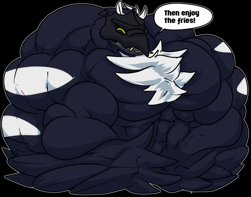 anthro anthrofied big_muscles black_background chest_tuft crossed_arms dialogue eating eyes_closed flexing food fries growth huge_muscles hyper hyper_muscles male muscle_growth muscular muscular_anthro muscular_male nude simple_background solo speech_bubble text tuft wings yellow_eyes fierglief nintendo pokemon cawaden corviknight generation_8_pokemon pokemon_(species) 2019 absurd_res english_text hi_res