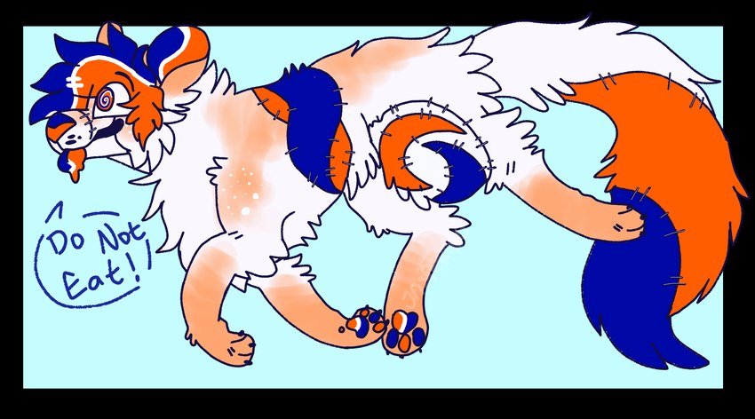 ambiguous_gender black_claws blue_background blue_hair blue_inner_ear blue_nose blue_pawpads blue_text blue_tongue claws dialogue digitigrade dripping_tongue feral feral_with_hair fur hair orange_body orange_eyes orange_fur orange_hair orange_inner_ear orange_nose orange_pawpads orange_tongue pawpads paws round_ears simple_background snout solo sparklefur speech_bubble spiral_pupils surgical_suture tail talking_feral text tongue tongue_out two_tone_nose white_body white_fur jaspering tide_pod canid canine duskky mammal patchwork_creature 2018 alpha_channel digital_drawing_(artwork) digital_media_(artwork) english_text flat_colors full-length_portrait hi_res portrait