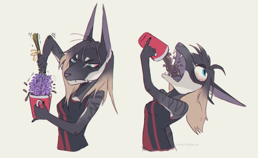 5_fingers anthro beverage clothed clothing coffee coffee_cup container cup drinking female fingers flower hair lavender_(flower) messy_hair plant simple_background solo tired white_background hastogs era_(kirchen) canid canine canis domestic_dog mammal 2022 digital_drawing_(artwork) digital_media_(artwork)