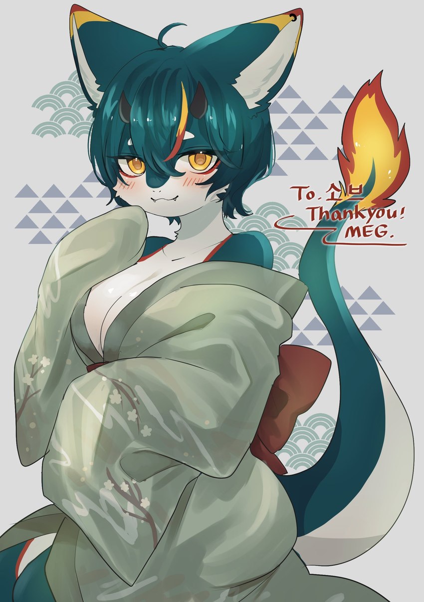 abstract_background anthro asian_clothing big_breasts biped blue_body blue_hair blush breasts cheek_tuft cleavage clothed clothing collarbone countershade_fur countershading ear_piercing ear_ring east_asian_clothing facial_tuft fangs female fur hair hand_to_face horn inner_ear_fluff japanese_clothing kimono kneeling looking_at_viewer obi off_shoulder paintbrush_tail piercing ring_piercing seductive short_hair sleeves_past_fingers solo tail teeth text tuft white_body yellow_eyes 115meg mythology mihua dragon furred_dragon furred_scalie mythological_creature mythological_scalie scalie absurd_res artist_name commissioner_name hi_res