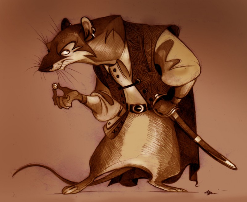 anthro bottomless clothed clothing coin ear_piercing featureless_crotch fur male melee_weapon piercing simple_background solo sword tan_background weapon whiskers fortunatafox armello league_of_geeks mercurio_(armello) mammal murid murine rat rodent hi_res monochrome sepia