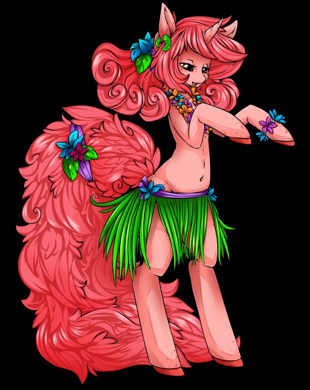 bottomwear clothing ear_piercing female flower fluffy fluffy_tail hair hooves horn long_hair looking_down navel piercing pink_body pink_eyes pink_hair pink_skin plant simple_background skirt smile solo standing tail transparent_background tiki_san hasbro my_little_pony mythology equid equine mammal mythological_creature mythological_equine unicorn 2013 absurd_res alpha_channel hi_res