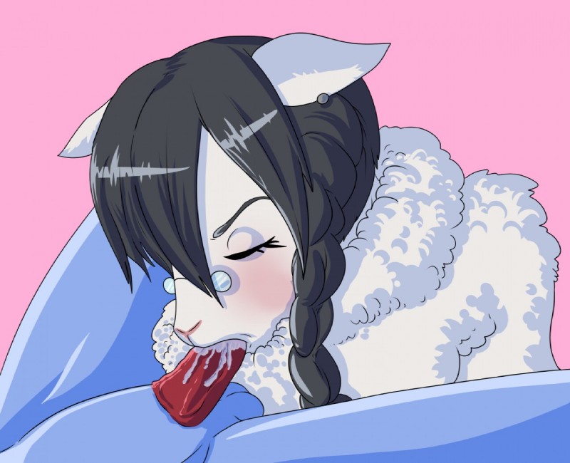 anthro black_hair blush bodily_fluids duo ear_piercing erection eyes_closed eyewear fellatio female fur genitals glasses hair male male/female oral penile penis piercing saliva sex simple_background solo_focus wool_(fur) punishedkom bovid caprine domestic_sheep mammal sheep