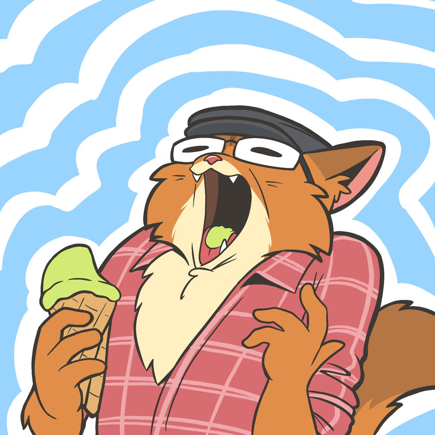 anthro brain_freeze button_down_shirt clothing dessert eyewear food fur glasses grey_clothing grey_hat grey_headwear hat headgear headwear humor ice_cream male open_mouth orange_body orange_fur pink_nose red_clothing red_shirt red_topwear shirt solo tan_body tan_fur teeth_showing tongue_showing topwear heyitscousindave kestrel_(heyitscousindave) domestic_cat felid feline felis mammal 1:1 hi_res reaction_image