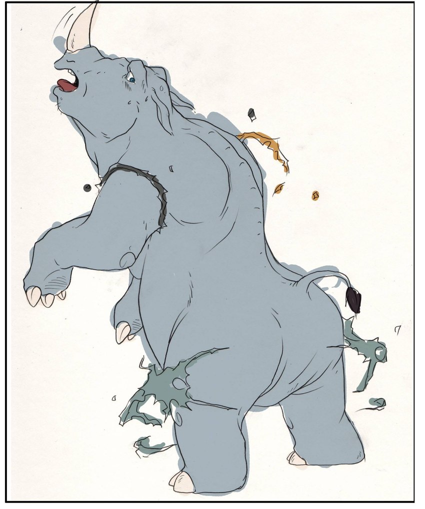 clothing feet feral grey_body grey_skin growth horn looking_at_self looking_back male nails nude open_mouth simple_background solo toenails toes tongue torn_clothing transformation white_background kuma jumanji mammal rhinoceros hi_res unfinished