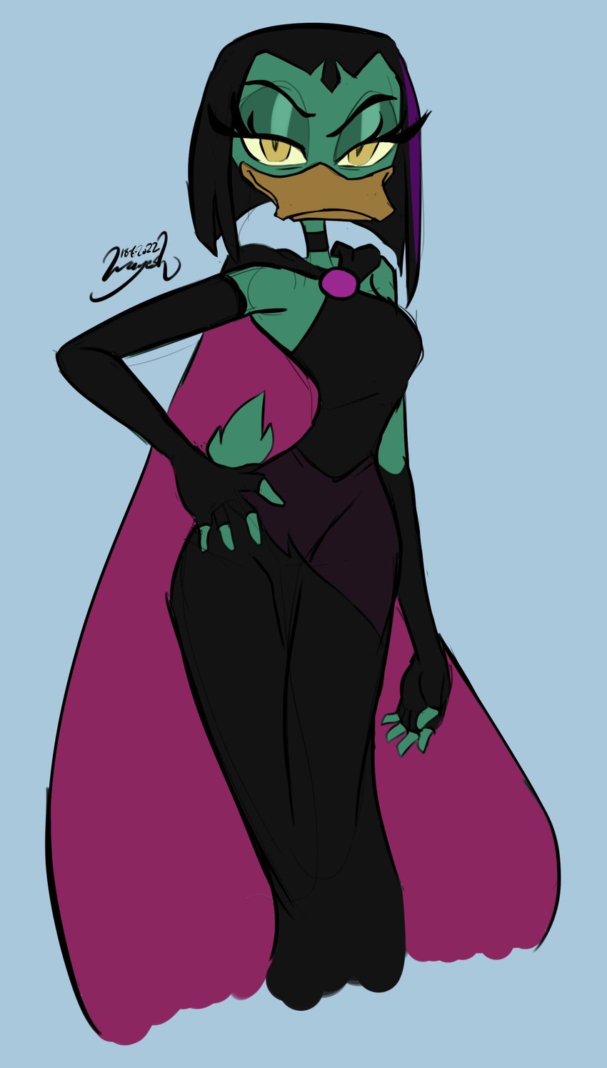 anthro armwear beak black_clothing black_dress cape choker clothing dress elbow_gloves eyelashes feathers female fingerless_gloves gloves green_body green_feathers handwear jewelry necklace pupils simple_background slit_pupils smile solo v_bangs yellow_eyes wayesh disney ducktales ducktales_(2017) magica_de_spell anatid anseriform avian bird duck 2022 absurd_res dated hi_res signature