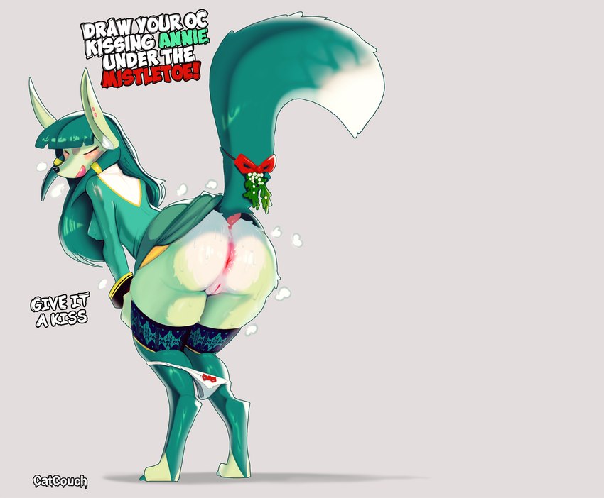 anthro anus bottomwear butt clothed clothing female genitals green_body green_hair hair holidays legwear mistletoe panties panties_down partially_clothed plant presenting presenting_anus presenting_hindquarters presenting_pussy pussy raised_bottomwear raised_clothing raised_skirt raised_tail skirt solo stockings tail thigh_highs underwear underwear_down catcouch conditional_dnp annie_and_the_mirror_goat christmas annie_hole canid canine fox mammal digital_media_(artwork) hi_res