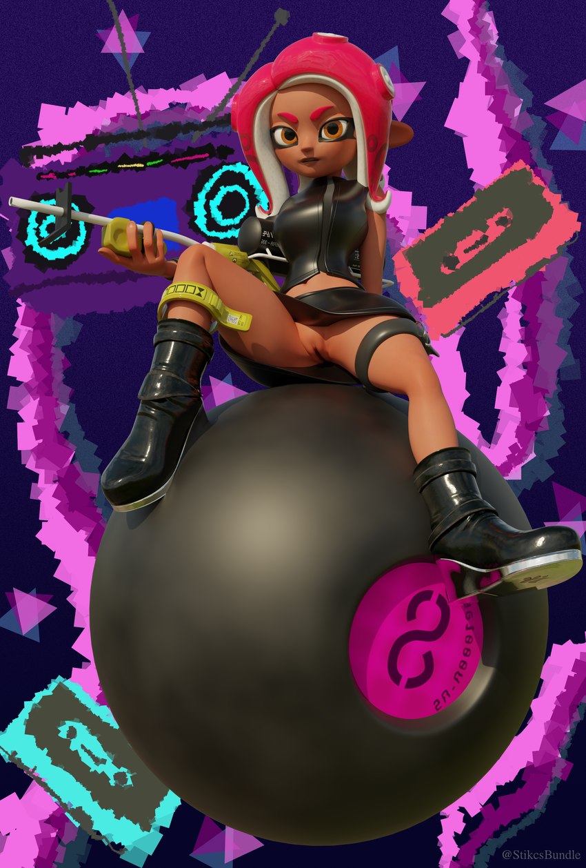 8_ball asymmetrical_clothing ball billiard_ball black_clothing bottomwear clitoris clothed clothing crop_top dark_body dark_skin female footwear genitals gun hair latex legwear looking_at_viewer midriff orange_eyes pink_hair pseudo_hair pussy ranged_weapon shirt shoes skirt solo spread_legs spreading tentacle_hair tentacles topwear upskirt weapon wedge_(footwear) stikcs nintendo splatoon agent_8_(splatoon) animal_humanoid cephalopod cephalopod_humanoid coleoid humanoid marine marine_humanoid mollusk mollusk_humanoid octarian octoling octopodiform octopus octopus_humanoid 3d_(artwork) absurd_res digital_media_(artwork) hi_res