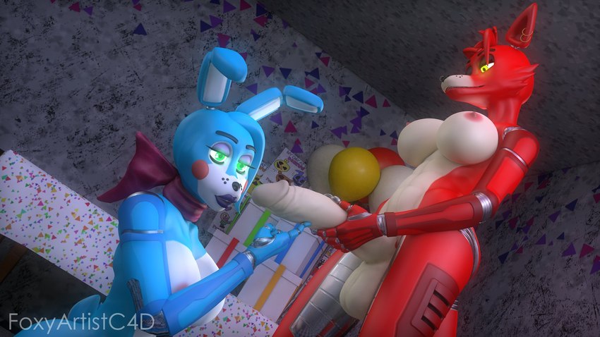 anthro areola balls big_balls big_breasts big_penis breasts crossgender duo female genitals glowing glowing_eyes green_eyes gynomorph intersex intersex/female machine nipples nude penis yellow_eyes foxyartistc4d five_nights_at_freddy's five_nights_at_freddy's_2 scottgames foxy_(fnaf) foxy_(psychojohn2) toy_bonnie_(fnaf) toy_bonnie_(psychojohn2) animatronic canid canine fox lagomorph leporid mammal rabbit robot 16:9 3d_(artwork) digital_media_(artwork) hi_res widescreen